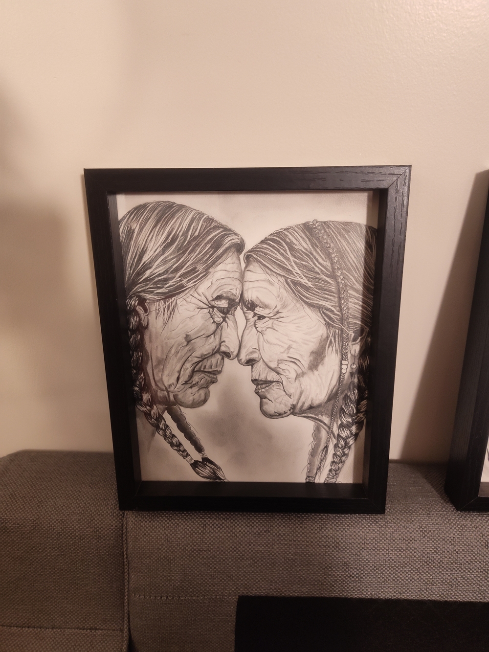 Framed Charcoal Portrait of Two Elders in Profile - Black Frame